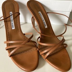 Manolo Blahnik Leva Sandals 40, 90mm Heel New In Box, Kid Leather Color Luggage